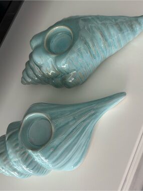 Set of Two Ceramic Conch Shell Tealight Candle Holder - Aqua/Blue